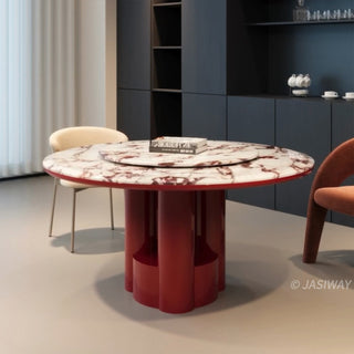 RINGCHEN luxury modern round dining table featuring a premium Calacatta-style marble tabletop with distinctive veining, equipped with a matching Lazy Susan, supported by a sculptural high-gloss burgundy lacquer pedestal base for a sophisticated contemporary aesthetic.-Front view