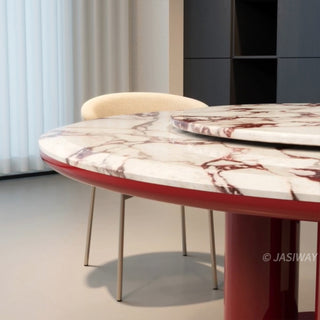 RINGCHEN luxury modern round dining table featuring a premium Calacatta-style marble tabletop with distinctive veining, equipped with a matching Lazy Susan, supported by a sculptural high-gloss burgundy lacquer pedestal base for a sophisticated contemporary aesthetic.-Side view