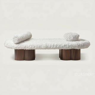RINGCHEN Modern Bouclé End of Bed Bench — Sculptural Upholstered Bedroom Bench with Solid Walnut Scalloped Legs