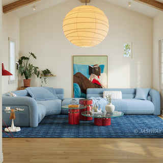 RINGCHEN modern cloud modular sectional sofa with a luxurious curved silhouette and light blue bouclé upholstery, featuring a modular design with high-density foam cushioning, rounded armrests, and a low-profile cloud-like aesthetic, perfect for high-end modern living room interiors and luxury home staging.-Front view