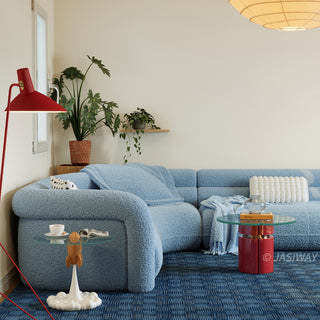 RINGCHEN modern cloud modular sectional sofa with a luxurious curved silhouette and light blue bouclé upholstery, featuring a modular design with high-density foam cushioning, rounded armrests, and a low-profile cloud-like aesthetic, perfect for high-end modern living room interiors and luxury home staging.-Side view