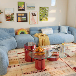RINGCHEN modern cloud modular sectional sofa with a luxurious curved silhouette and light blue bouclé upholstery, featuring a modular design with high-density foam cushioning, rounded armrests, and a low-profile cloud-like aesthetic, perfect for high-end modern living room interiors and luxury home staging.-High-angle view