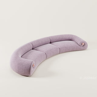 RINGCHEN modern curved velvet sofa, a 157-inch luxury lavender crescent sectional couch featuring a semi-circular contemporary design, premium soft velvet upholstery, and elegant floral accents on the low-profile rounded arms for large upscale living room seating.-High-angle view
