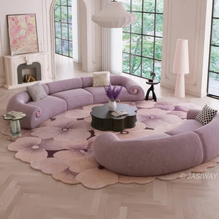 RINGCHEN modern curved velvet sofa, a 157-inch luxury lavender crescent sectional couch featuring a semi-circular contemporary design, premium soft velvet upholstery, and elegant floral accents on the low-profile rounded arms for large upscale living room seating.-High-agnle lifestyle view