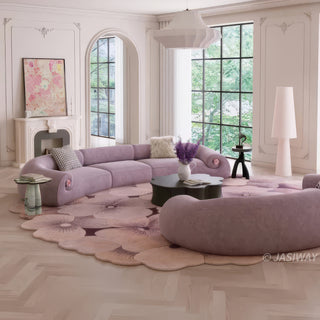 RINGCHEN modern curved velvet sofa, a 157-inch luxury lavender crescent sectional couch featuring a semi-circular contemporary design, premium soft velvet upholstery, and elegant floral accents on the low-profile rounded arms for large upscale living room seating.-Three quarter view