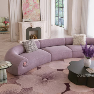 RINGCHEN modern curved velvet sofa, a 157-inch luxury lavender crescent sectional couch featuring a semi-circular contemporary design, premium soft velvet upholstery, and elegant floral accents on the low-profile rounded arms for large upscale living room seating.-Medium shot