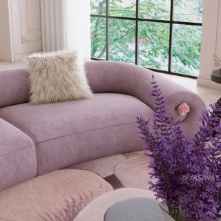 RINGCHEN modern curved velvet sofa, a 157-inch luxury lavender crescent sectional couch featuring a semi-circular contemporary design, premium soft velvet upholstery, and elegant floral accents on the low-profile rounded arms for large upscale living room seating.-Medium shot