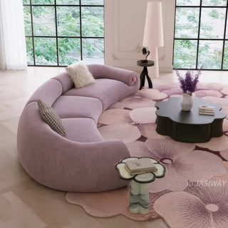 RINGCHEN modern curved velvet sofa, a 157-inch luxury lavender crescent sectional couch featuring a semi-circular contemporary design, premium soft velvet upholstery, and elegant floral accents on the low-profile rounded arms for large upscale living room seating.-Side view