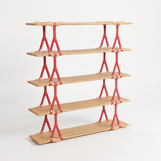 RINGCHEN modern sculptural bookshelf featuring organic-shaped solid wood shelves secured by avant-garde red Y-shaped structural supports, ideal for luxury living room curation and sculptural home decor displays.-Three-quarter view