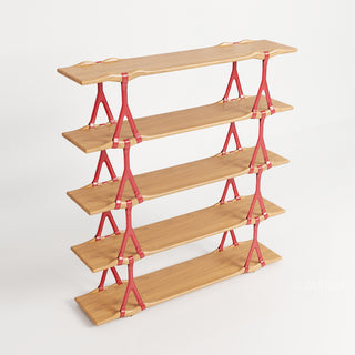 RINGCHEN modern sculptural bookshelf featuring organic-shaped solid wood shelves secured by avant-garde red Y-shaped structural supports, ideal for luxury living room curation and sculptural home decor displays.-High-angle view