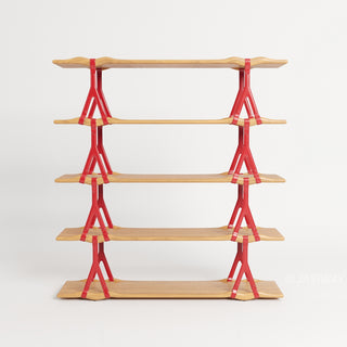 RINGCHEN modern sculptural bookshelf featuring organic-shaped solid wood shelves secured by avant-garde red Y-shaped structural supports, ideal for luxury living room curation and sculptural home decor displays.-Front view