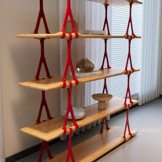 RINGCHEN modern sculptural bookshelf featuring organic-shaped solid wood shelves secured by avant-garde red Y-shaped structural supports, ideal for luxury living room curation and sculptural home decor displays.-Three quarter view