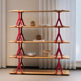 RINGCHEN modern sculptural bookshelf featuring organic-shaped solid wood shelves secured by avant-garde red Y-shaped structural supports, ideal for luxury living room curation and sculptural home decor displays.-Front view