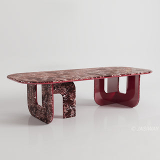 RINGCHEN modern minimalist oval dining table featuring a luxurious lava red marble and engineered solid wood, supported by unique sculptural legs with a high-gloss burgundy interior and matching marble exterior, perfect for elegant luxury dining room centerpieces.-Three-quarter View