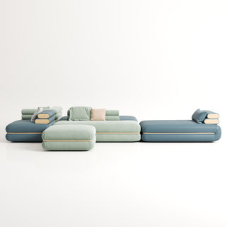 RINGCHEN modern modular cloud sofa with an ultra-low profile and deep-seated tofu block design, featuring a double-sided sectional configuration in a dual-material finish of premium sage green fabric and deep sea blue leather, showcased in a versatile, minimalist arrangement for spacious open-concept living rooms.-Front view