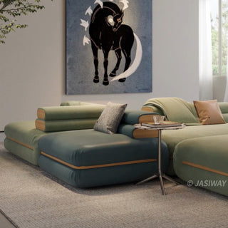 RINGCHEN modern modular cloud sofa with an ultra-low profile and deep-seated tofu block design, featuring a double-sided sectional configuration in a dual-material finish of premium sage green fabric and deep sea blue leather, showcased in a versatile, minimalist arrangement for spacious open-concept living rooms.-Medium shot