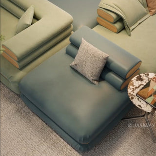 RINGCHEN modern modular cloud sofa with an ultra-low profile and deep-seated tofu block design, featuring a double-sided sectional configuration in a dual-material finish of premium sage green fabric and deep sea blue leather, showcased in a versatile, minimalist arrangement for spacious open-concept living rooms.-High-angle view