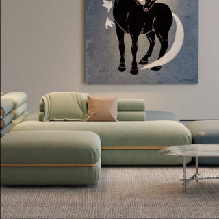 RINGCHEN modern modular cloud sofa with an ultra-low profile and deep-seated tofu block design, featuring a double-sided sectional configuration in a dual-material finish of premium sage green fabric and deep sea blue leather, showcased in a versatile, minimalist arrangement for spacious open-concept living rooms.-Side view
