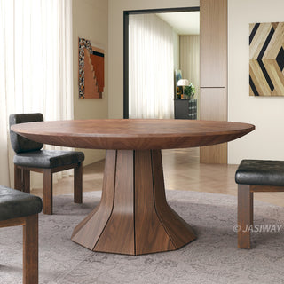 RINGCHEN modern round dining table for 6 to 8 people, featuring an exquisite sunburst walnut wood veneer tabletop with a seamless integrated lazy Susan, supported by a striking sculptural architectural pedestal base.-Front view