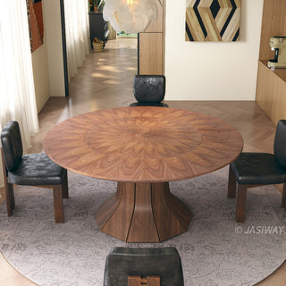 RINGCHEN modern round dining table for 6 to 8 people, featuring an exquisite sunburst walnut wood veneer tabletop with a seamless integrated lazy Susan, supported by a striking sculptural architectural pedestal base.-High-angle view