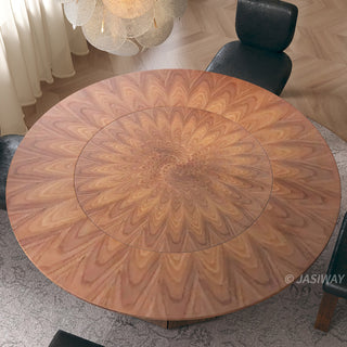 RINGCHEN modern round dining table for 6 to 8 people, featuring an exquisite sunburst walnut wood veneer tabletop with a seamless integrated lazy Susan, supported by a striking sculptural architectural pedestal base.-Medium shot of tabletop