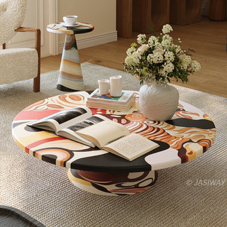 RINGCHEN organic modern 2-piece coffee table set featuring a sculptural round coffee table and matching tall side table with a vibrant, hand-painted abstract swirl pattern in warm earth tones, perfect as a functional art centerpiece for an upscale, eclectic, or avant-garde living room aesthetic.-High-angle view of low coffee table