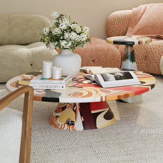 RINGCHEN organic modern 2-piece coffee table set featuring a sculptural round coffee table and matching tall side table with a vibrant, hand-painted abstract swirl pattern in warm earth tones, perfect as a functional art centerpiece for an upscale, eclectic, or avant-garde living room aesthetic.-Front view
