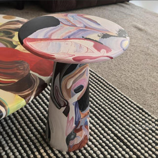 RINGCHEN organic modern 2-piece coffee table set featuring a sculptural round coffee table and matching tall side table with a vibrant, hand-painted abstract swirl pattern in warm earth tones, perfect as a functional art centerpiece for an upscale, eclectic, or avant-garde living room aesthetic.-High-angle view of high coffee table