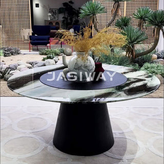 RINGCHEN luxury round dining table featuring a premium natural polished marble tabletop with dramatic dark veining, equipped with a seamless built-in rotating Lazy Susan, supported by a modern matte black conical pedestal base for high-end dining room decor.-Front view