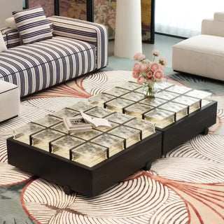 RINGCHEN sculptural coffee table with a grid of textured amber glass blocks set within a low-profile matte black wooden frame, highlighting the interplay of light through artisanal thick glass bricks, creating a sophisticated geometric cocktail table with a modern architectural silhouette and subtle spherical feet for a minimalist, grounded luxury aesthetic.-High-angle view