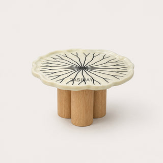 RINGCHEN sculptural lily pad coffee table set featuring irregular lotus leaf-shaped natural stone tops with intricate radial veining, supported by a cluster of solid wood pedestal bases. This luxury nesting coffee table set showcases a unique organic design with carved scalloped edges, blending artisanal craftsmanship with mid-century modern organic aesthetics for high-end designer living rooms.-Front view of high coffee table