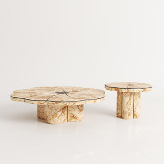 RINGCHEN sculptural round nesting coffee table set featuring a distinctive flower-petal silhouette and burl wood grain texture, showcases intricate dark wood inlay detailing that radiates from the center, emphasizing the organic, tiered sculptural aesthetic and premium craftsmanship.-Front view