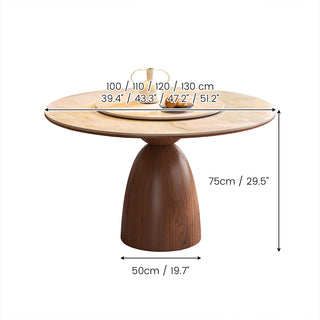 Dimension diagram of a round marble top dining table with a lazy Susan rotating tray and a pedestal wood base, showing height, base diameter, and tabletop diameter options in inches and centimeters.