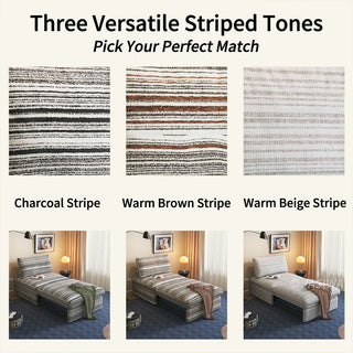 A three-panel color variant comparison chart displaying charcoal stripe, warm brown stripe, and warm beige stripe options for the convertible sleeper sofa.