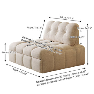 A detailed dimensional diagram of the white sherpa modular armchair showcases its overall size and measurements. Clear arrows and text labels indicate key specifications, including width, seat height, backrest height, and adjustable depth options.