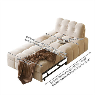 A technical dimensional diagram details the extended length, width, and adjustable backrest options of the white sherpa modular sleeper sofa bed. Arrows and text callouts clearly outline the overall dimensions and conversion measurements for e-commerce specification listings.