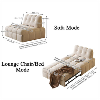 A product comparison diagram illustrates the dual functionality of the white sherpa modular furniture, displaying both "Sofa Mode" and "Lounge Chair/Bed Mode" with detailed dimensional specifications.