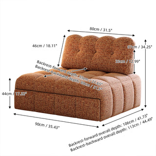 A detailed dimension diagram showcasing the measurements of the rust red tufted chenille convertible sleeper sofa, including width, depth, and height specifications in centimeters and inches.