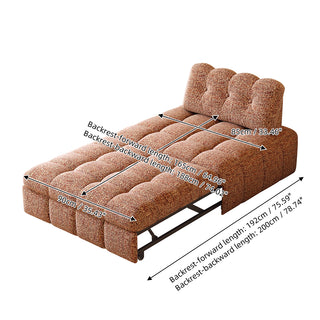 A detailed dimension diagram showcasing the extended length and width measurements of the rust red tufted chenille convertible sleeper sofa bed in centimeters and inches.