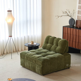 Modern green chenille accent chair in a bright, minimalist living room with a paper floor lamp and wooden sideboard.