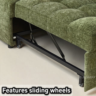 A close-up shot highlights the sliding wheels and sturdy metal pull-out mechanism of the olive green tufted chenille convertible sleeper sofa.