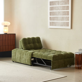 An olive green tufted chenille convertible sleeper sofa is shown in a partially extended pull-out configuration within a warm, modern living room.