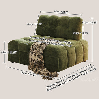 A detailed dimension diagram showcasing the measurements of the olive green tufted chenille convertible sleeper sofa, including width, depth, and height specifications in centimeters and inches.