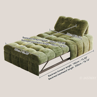 A detailed dimension diagram showcasing the extended length and width measurements of the olive green tufted chenille convertible sleeper sofa bed in centimeters and inches.