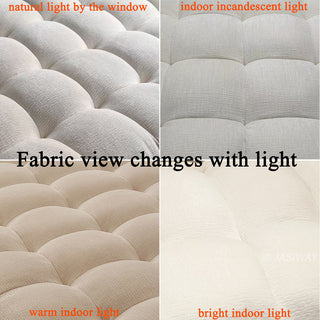 A four-panel comparison photo demonstrating how the beige tufted cehnille upholstery fabric of the convertible sleeper sofa changes appearance under natural, indoor incandescent, warm, and bright lighting conditions.
