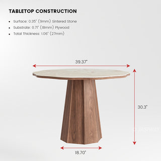 Technical dimensioned diagram and construction overview of a modern round sintered stone dining table, detailing its 39.37" width, 30.3" height, surface thickness, and plywood substrate specifications.