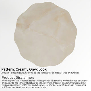 Detailed graphic presentation showcasing the creamy onyx look pattern and natural variation disclaimer for a modern sintered stone tabletop.