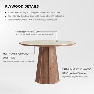Technical diagram highlighting the plywood details, heat-resistant sintered stone top, and premium multi-plywood walnut veneer pedestal base of a modern dining table.